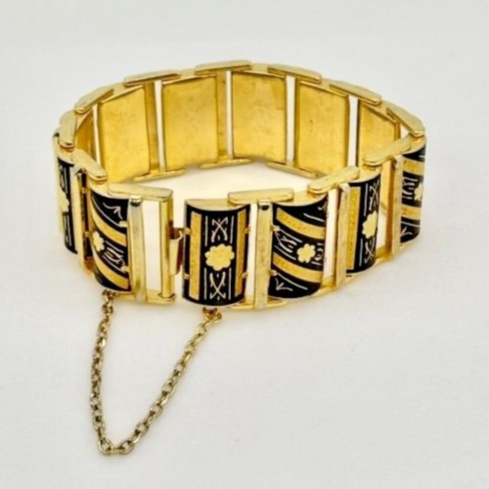 Vintage Damascene Links Bracelet Gold-Tone Metal with Etched Black Floral Motif~